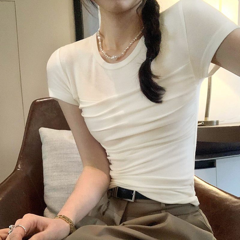 Alibaba Tencel Wool Skin-Friendly Right Shoulder Slim Short-Sleeved T-Shirt for Women Summer 2025 New American Hot Girl Top