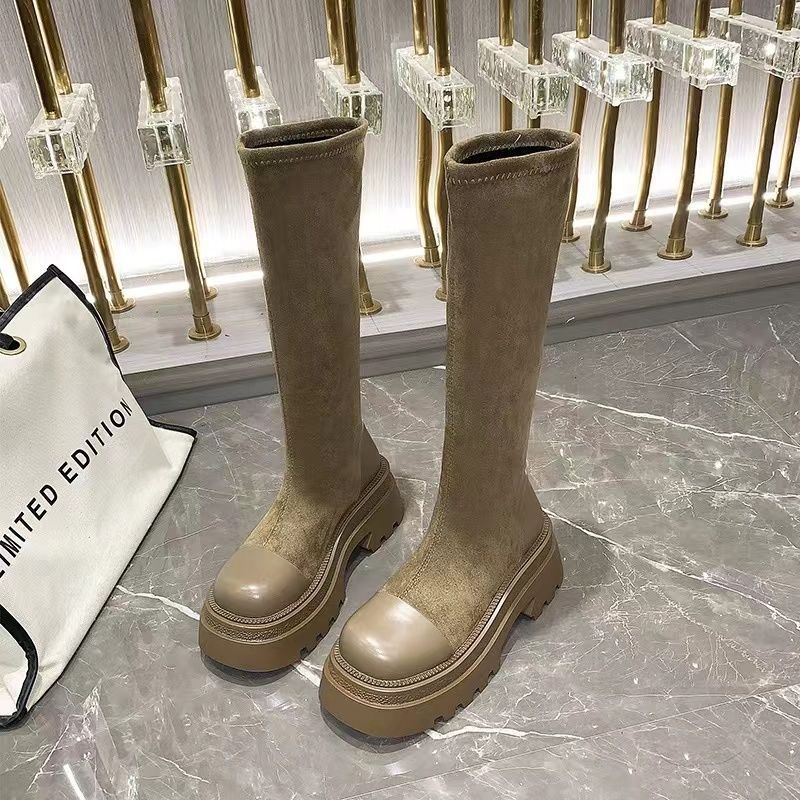 Long Boots for Women 2025 New Thick-Soled High Elastic Boots Retro Boots for Women Autumn and Winter Fleece-Lined High-Heeled Slim Boots