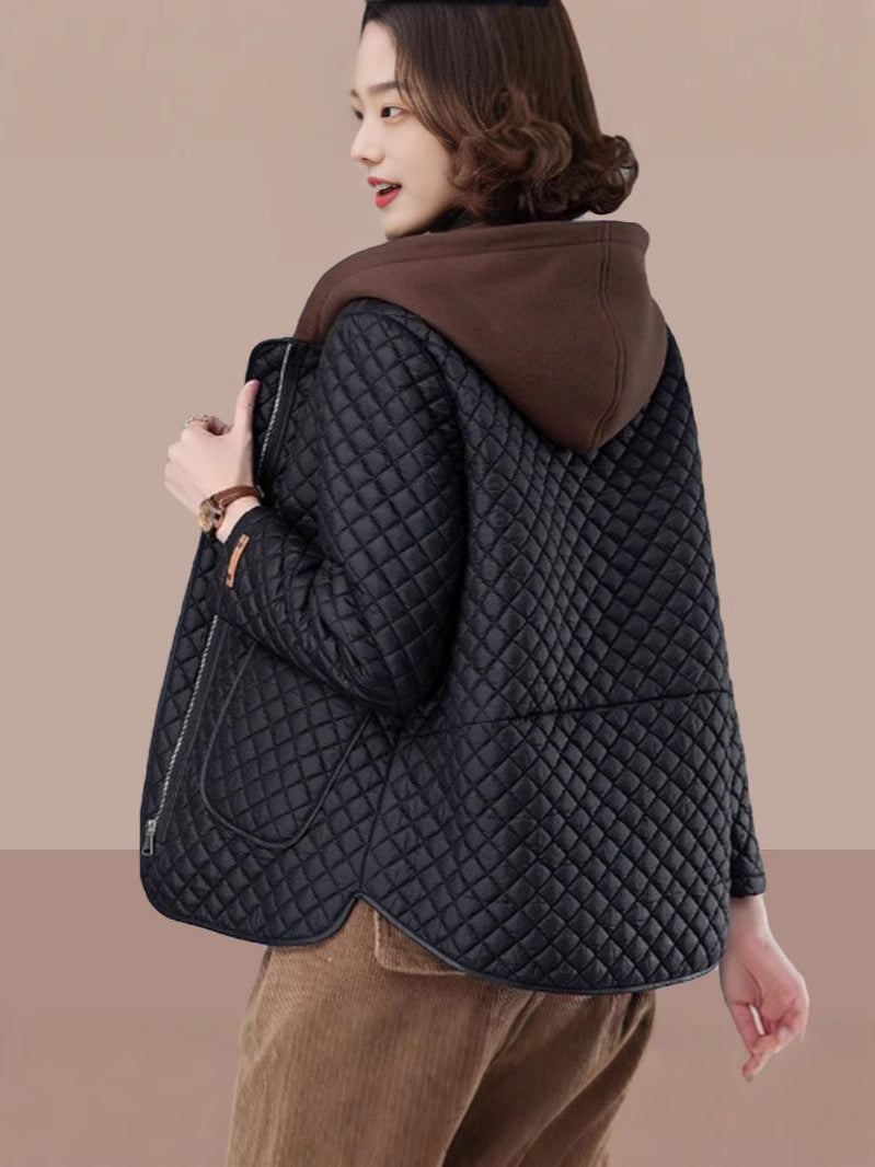 Lingge cotton-padded jacket women's 2024 autumn and winter new fashion age-reducing middle-aged mother hooded loose plus size cotton-padded jacket