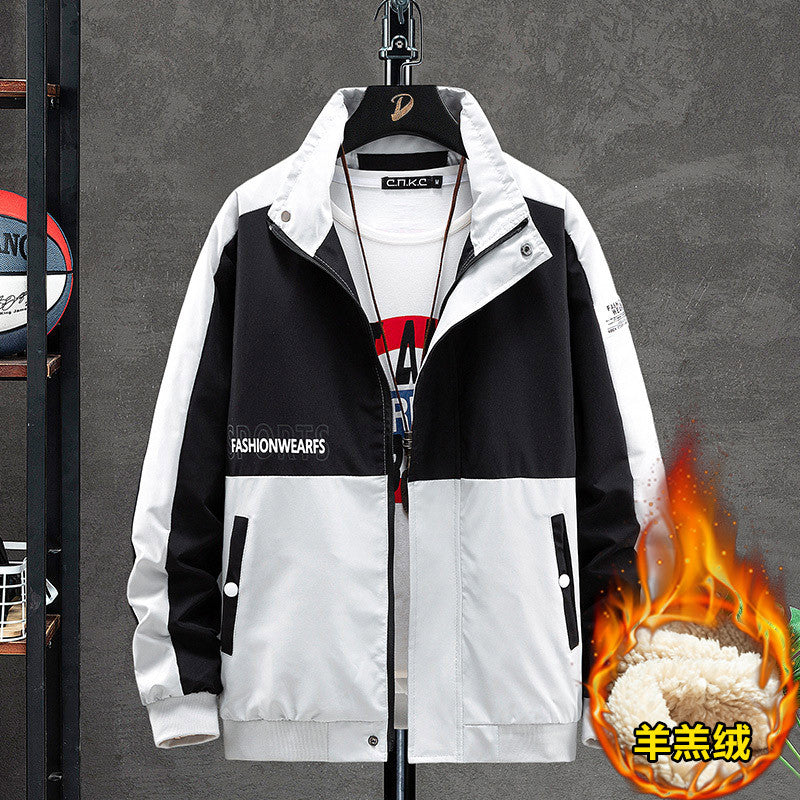 Men's winter casual color block fleece-lined stand collar jacket coat winter long sleeve cardigan zipper lamb 1915