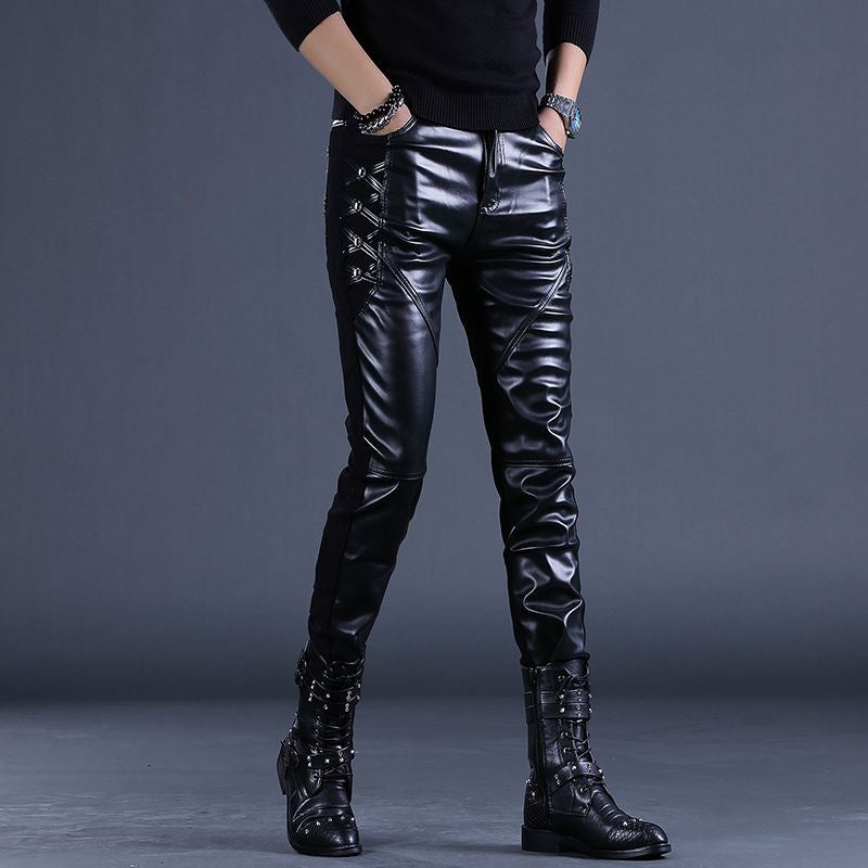 Motorcycle Half Leather Windproof Leather Pants Men's Trendy Brand Slim-fit Casual Pants Personalized Men's Pants