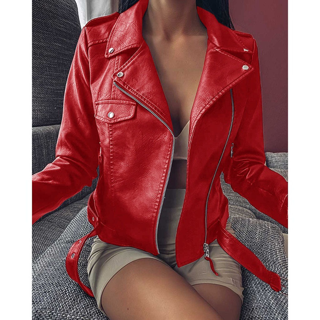 Cross-border 2023 New European and American Motorcycle Leather Jacket Autumn and Winter Women's Leather Clothing Women's Short Slim-fit Leather Fashion Jacket