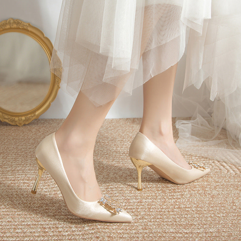 Main Wedding Dress, Wedding Shoes, French-Style High-End Niche Bridal Shoes, Xiuhe High Heels, Stiletto Heels, Champagne Color, Commuting