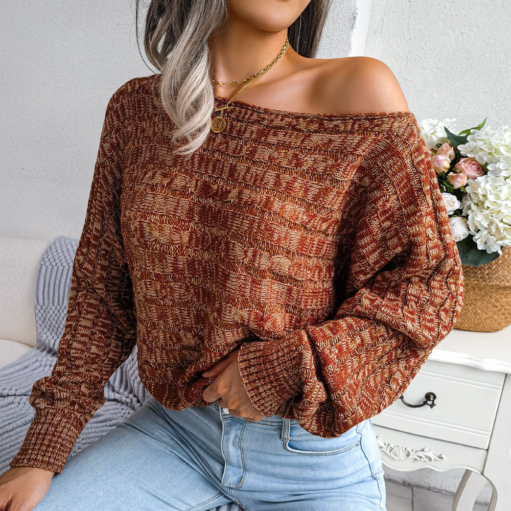 Clearance Sale Real Shot 2022 Autumn/Winter Fashion Colorful Cable Knit Long Sleeve Off-Shoulder Sweater Amazon Cross-Border Women's Clothing