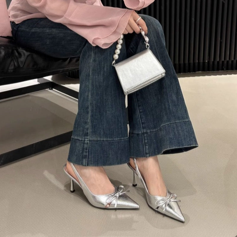 nice with skirt! Gentle Naked Pink Pointed Bow High Heels Women's Niche Patent Leather Rear Stiletto Sandals
