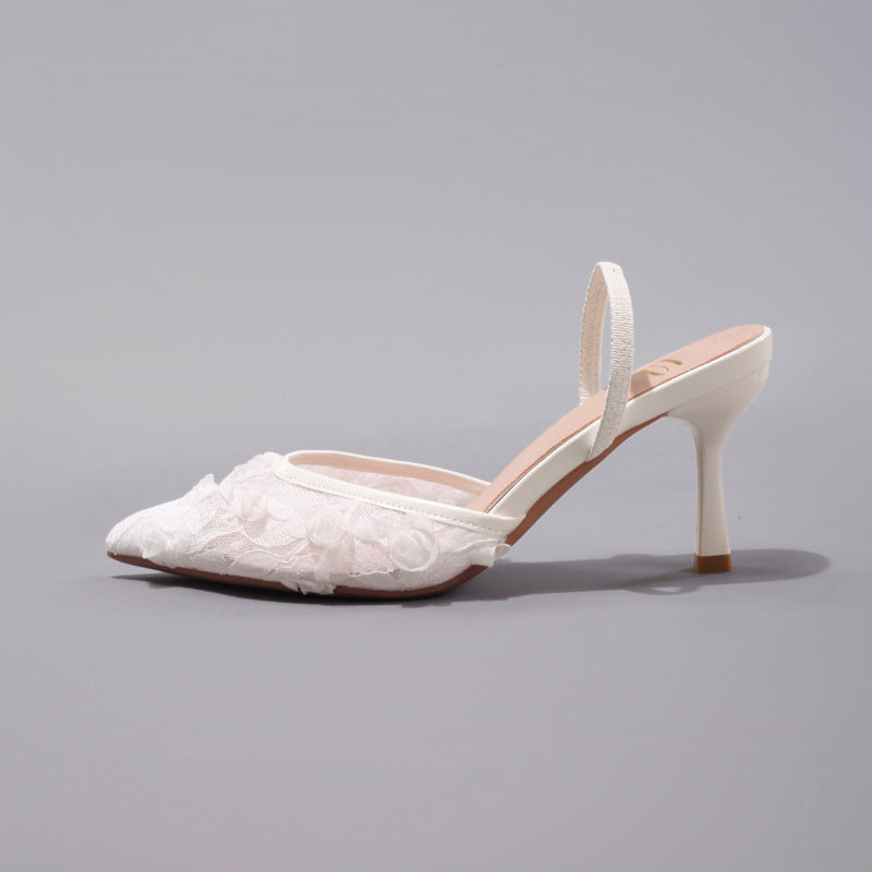 Fashion Lace Splicing High Heels for Women Summer Elegant Sexy Pointed Toe Banquet Wedding Stiletto Sandals Cross-Border Exclusive Supply