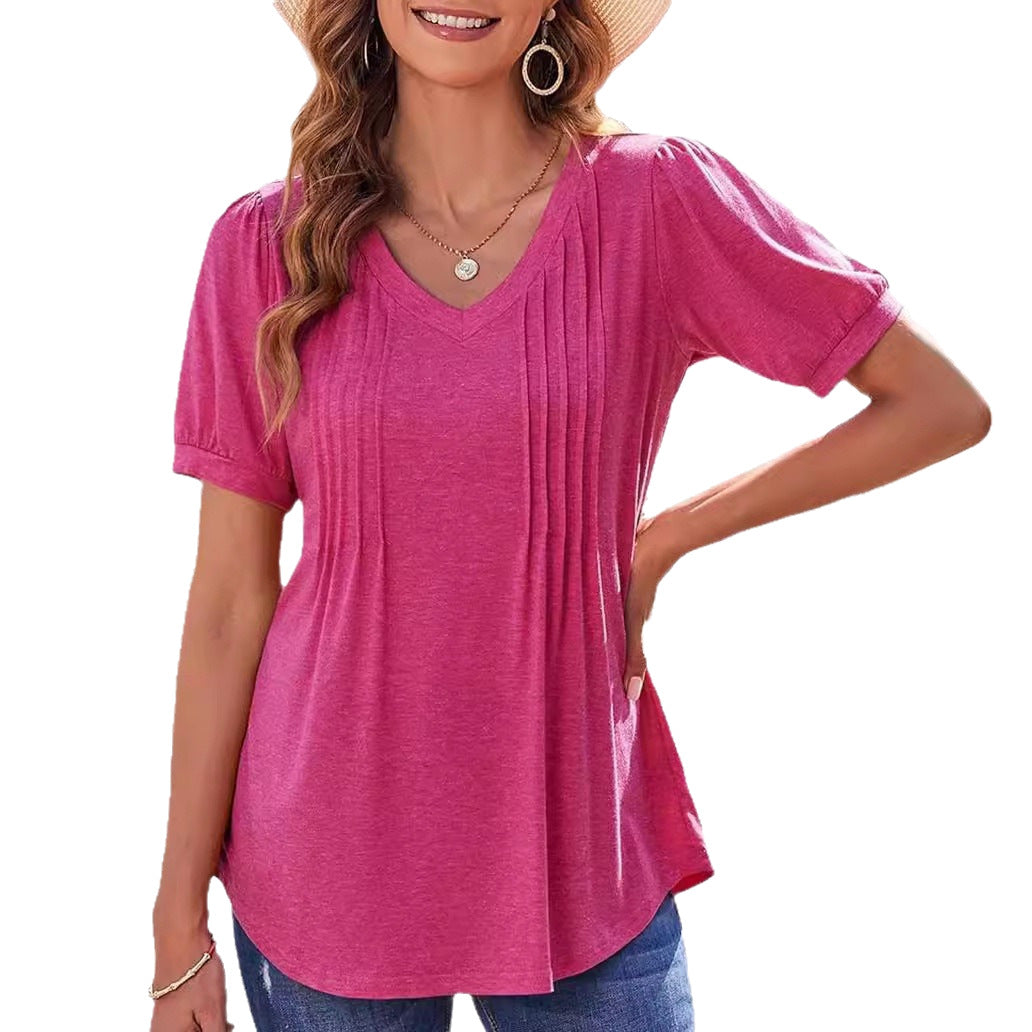 2026 Foreign Trade Cross-Border Women's Clothing V-Neck Solid Color Striped Short-Sleeved T-Shirt for Women