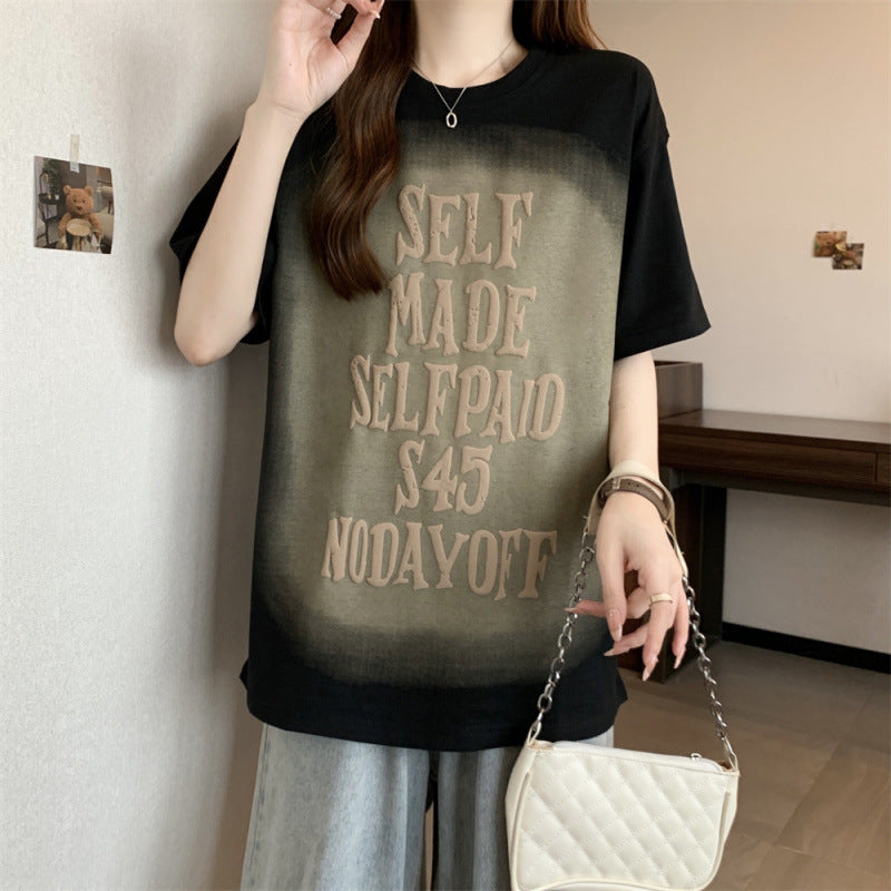 New Women's Clothing Retro Pure Cotton Short-sleeved T-shirt Women's Loose Slim-fit Printed Foam Fashion Brand Top for Men and Women Same Style for Summer