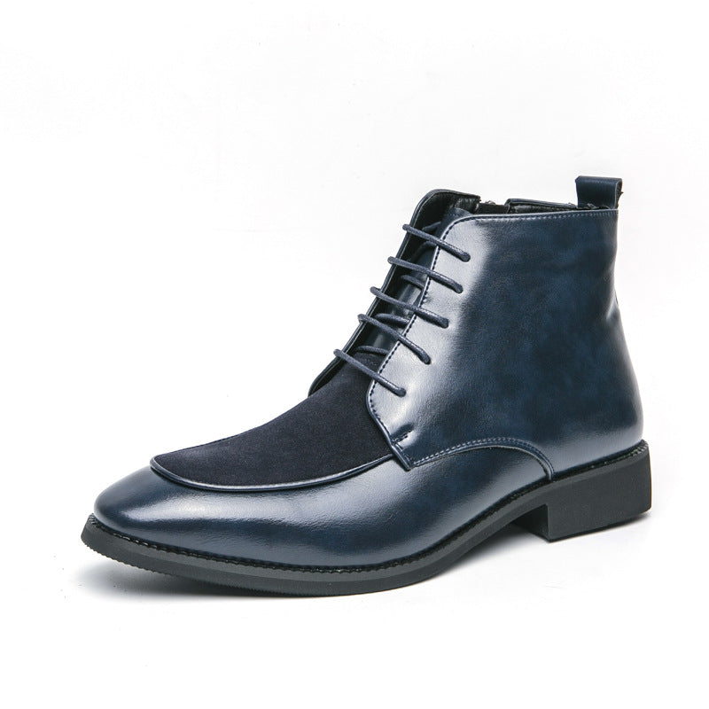 High-top color-block leather boots cross-border plus size 46 autumn and winter short boots European and American style men's side zipper fashion British boots