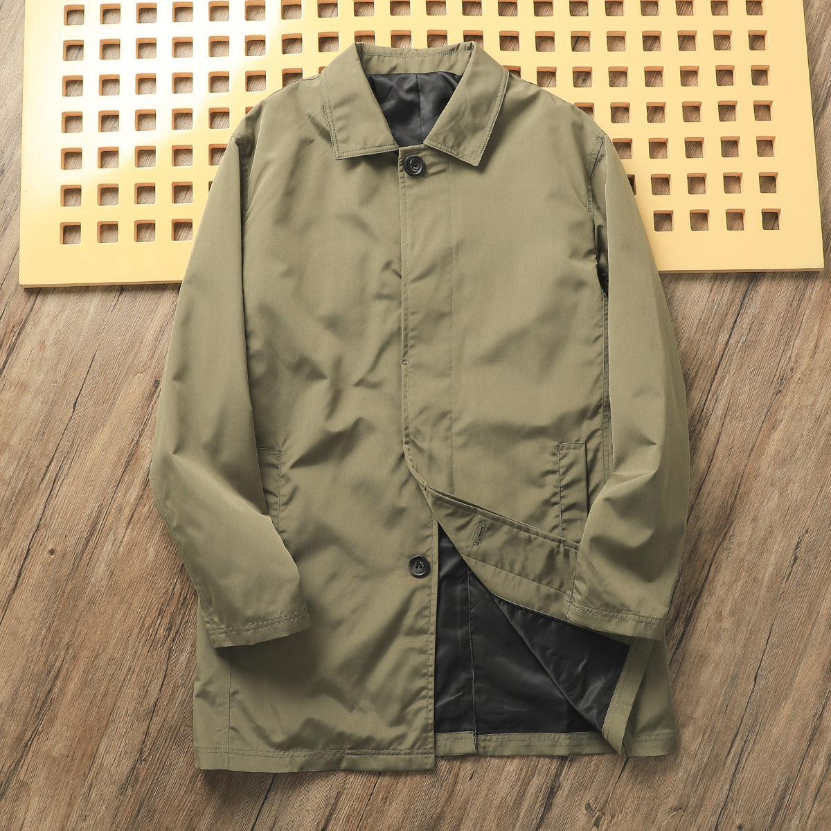 Island Country Quality! Spring Men's Pure Color Casual Lapel Mid-Length Windbreaker Jacket Youth Handsome and Versatile