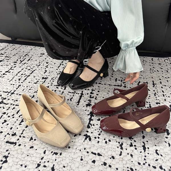 girls 2024 New Fashion High-Heeled Shoes, Chunky Heel Single Shoes, French-Style Magic Buckle, Square Toe, Pointed Toe, Mid-Heel, Fashionable and Versatile