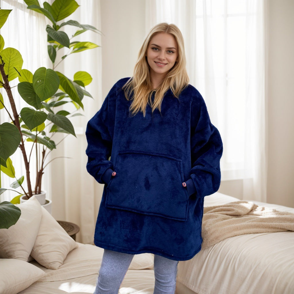 2021 Winter Fleece-Lined Thickened Navy Blue and Dark Gray Zip-Up Lazy Blanket Long-Sleeve Casual Flannel Hoodie