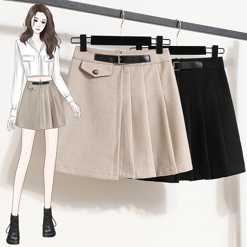 Real Shot of Autumn and Winter Skirts, Plus Size Woolen Jk High-Waisted Skirts, Petite Pleated Skirts, Black Culottes