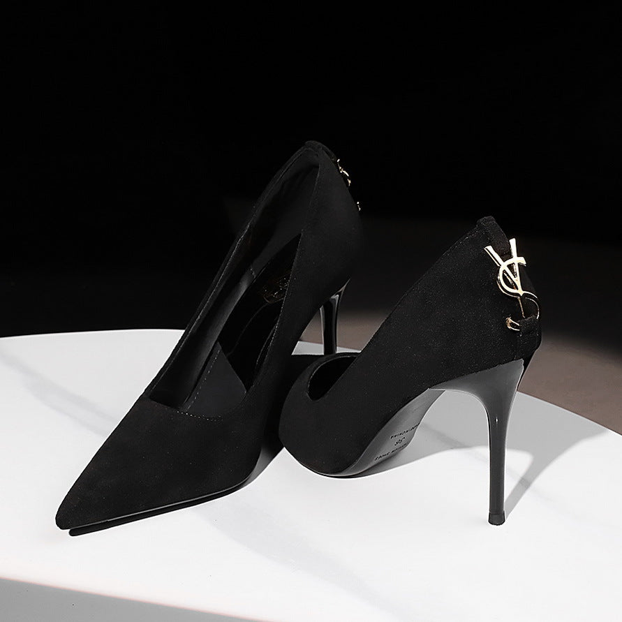 3368-2 High Heels Women's Stiletto Versatile Suede Daily Work Clothing Professional Work Shoes Elegant Pointed Toe Flats Black