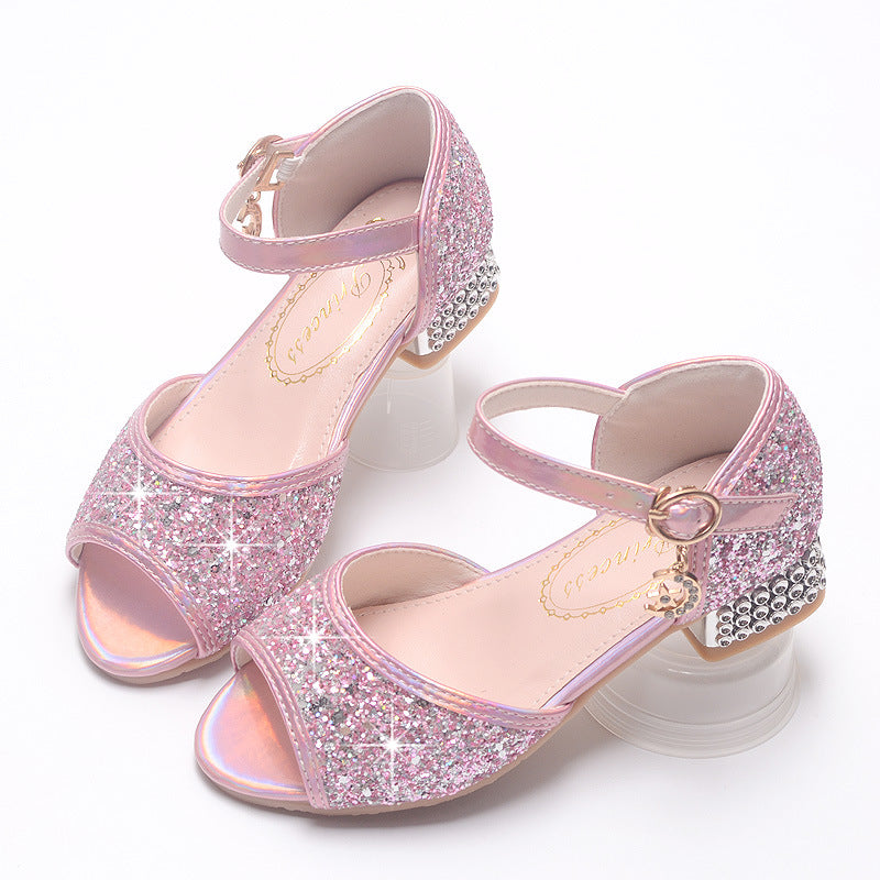Girls Sandals 2025 New Elsa Princess Shoes Frozen Children's High Heels Model Catwalk Crystal Leather Shoes