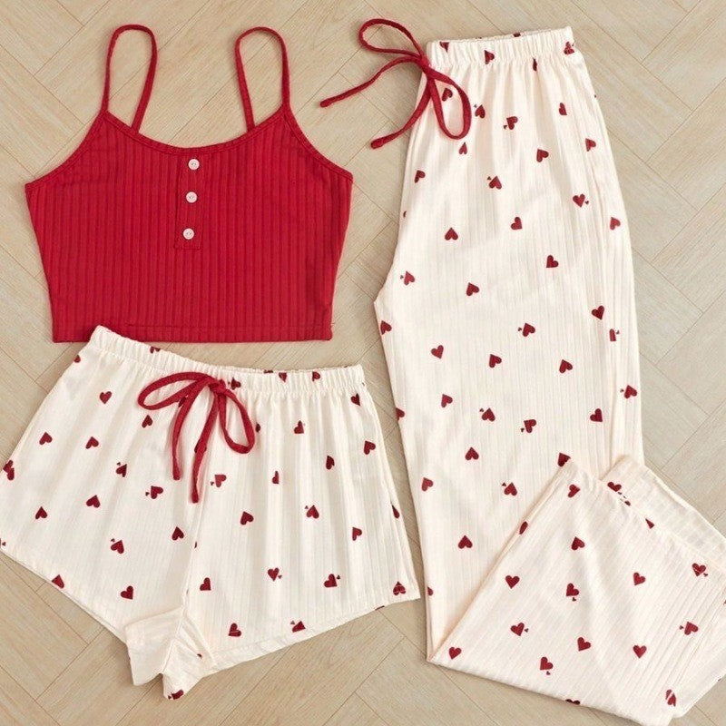 European and American New Style Love-Printed Spring and Summer Sweet and Cute Pajamas, Casual Women's Home Wear Set, Three-Piece Set