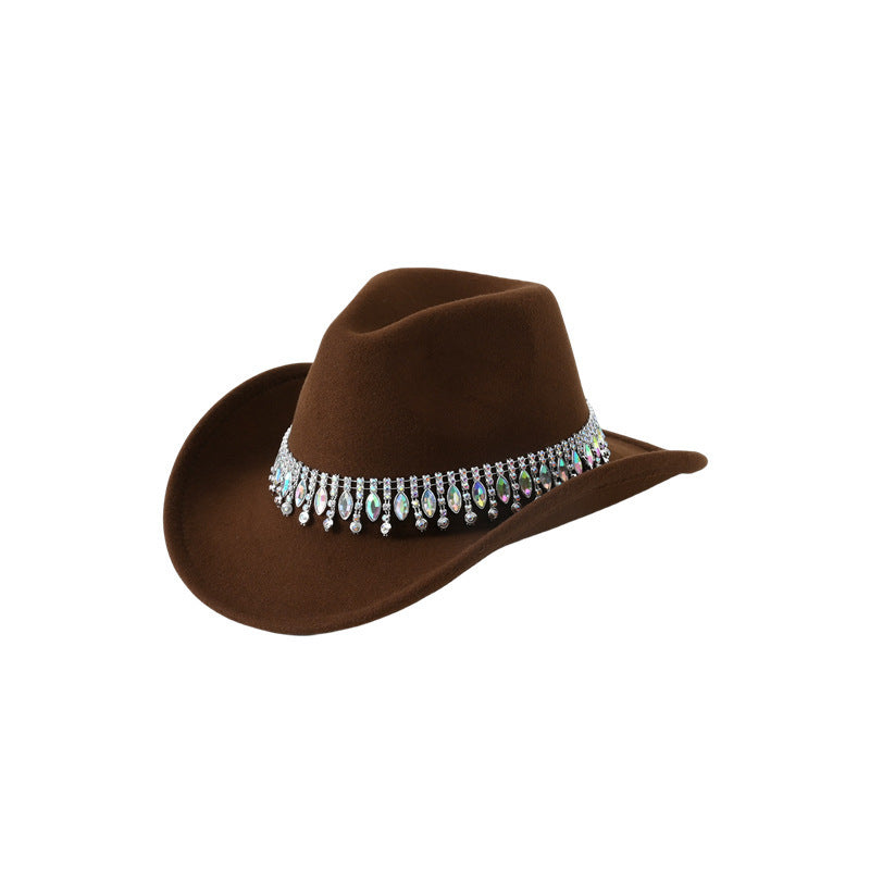 Men's and Women's European and American Elegant Hats, Unique Jazz Cowboy Hats, Tassels, Gemstones, Rhinestone Accessories, Belts, Wedding Engagement