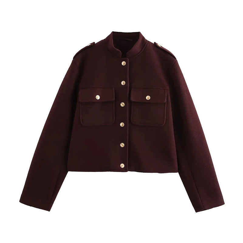 ZADATA Women's Clothing 2024 Winter European and American Vertical Collar Single-breasted Long-sleeved Short Jacket Coat 3046292