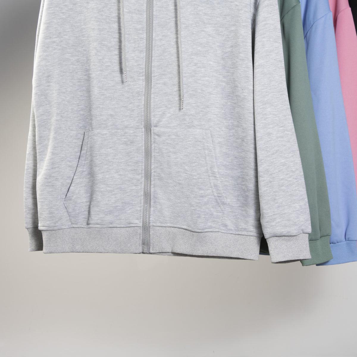 Spring and Autum Hooded Zipper Cardigan Sweatshirt Off-Shoulder Long-Sleeved Pure Color Xiyin Cross-Border Temu Loose Version