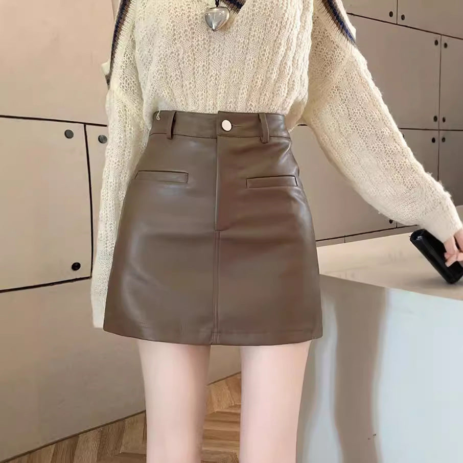 Brown Leather Skirt Hip-Covering Skirt for Women 2025 Autumn and Winter New High-Waisted Large Size Pu Leather Small A-Line Skirt
