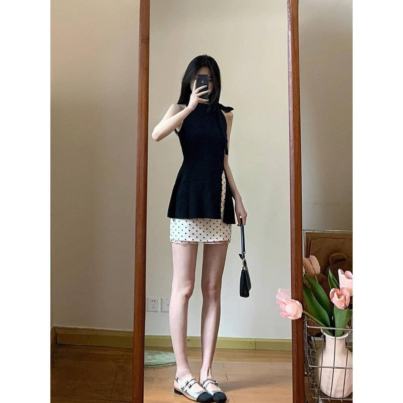 suit Women's Summer New Korean Style Design Sense Black Elegant Split Top High Waist Wave Dot Trendy Skirt
