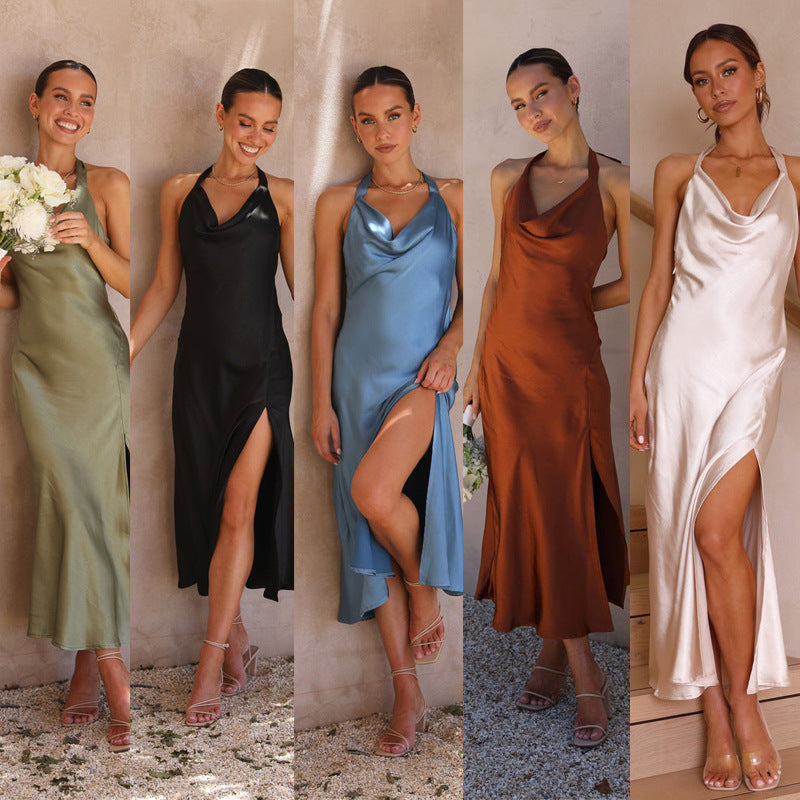 2023 European and American Hot-Selling Cross-Border Export Sleeveless Sexy Slim Long Skirt Women's Slit Backless Dress Ready Supply