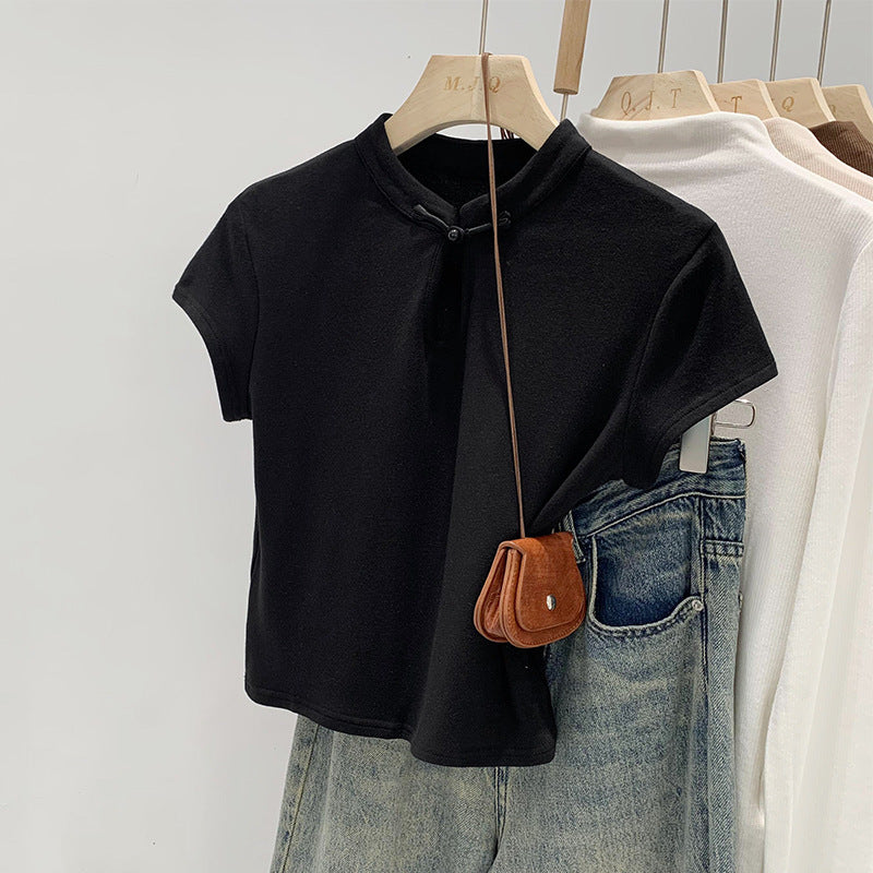 New Chinoiserie National Style Niche Chic Design Short-Sleeved T-Shirt for Women Summer 2025 New Stand-Up Collar Buttoned Short Top