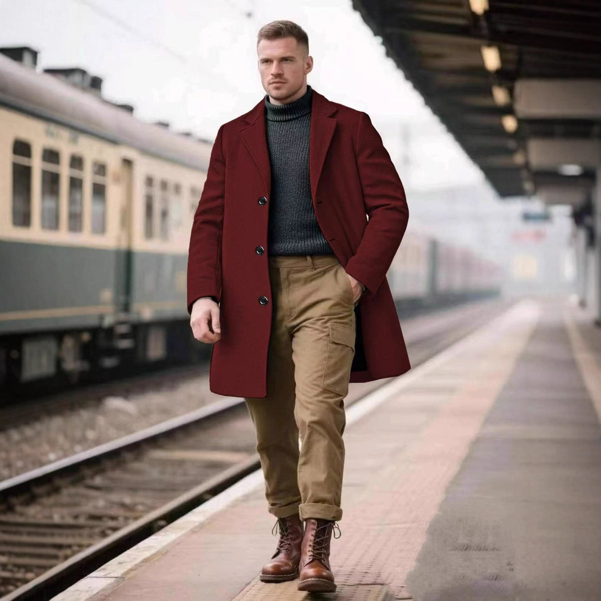 Cross-Border European Sizes Exclusively for European and American Hot-Selling Spring and Autumn Men's Lapel Slim Simple Solid Color Elegant Trench Coat
