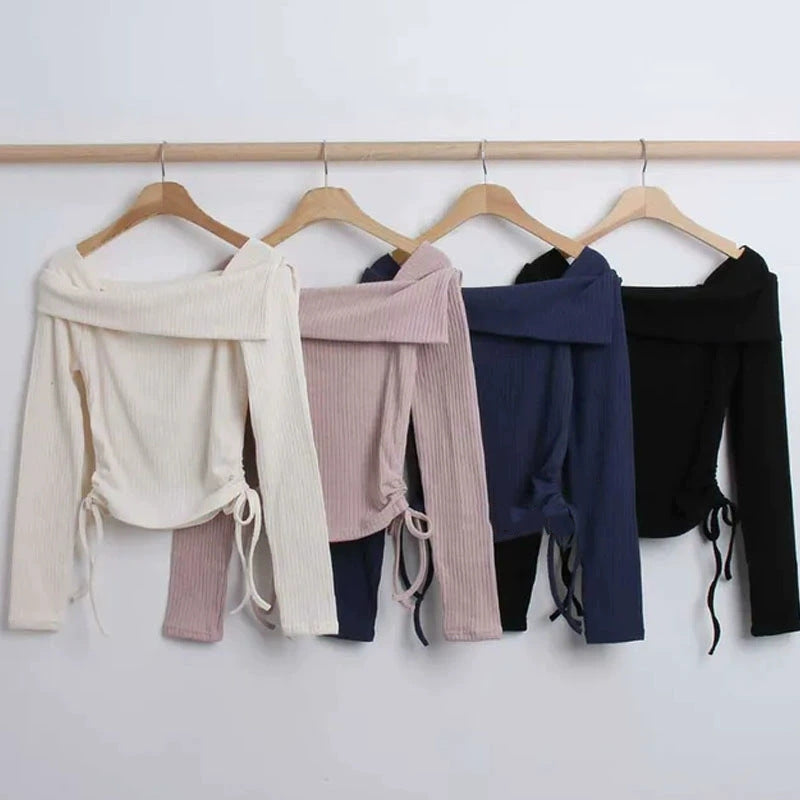 South Korea Dongdaemun Spring and Summer New Elegant One-character Collar Waist Pleated Short Figure Slim-fit Long-sleeved T-shirt for Women