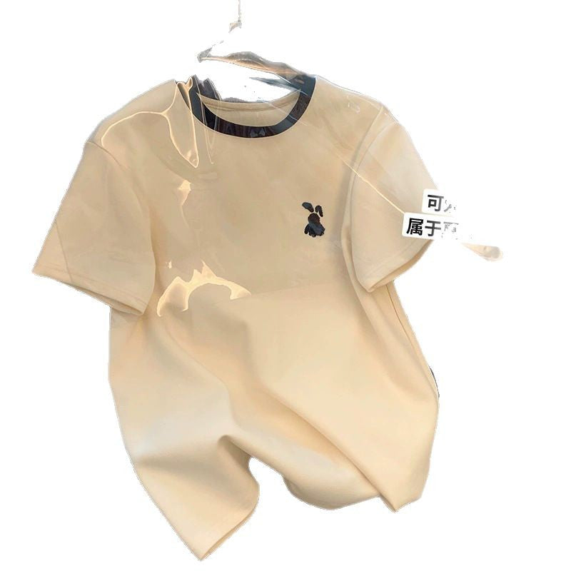 Pure Cotton Bag Collar Contrasting Round Neck Short-Sleeved T-Shirt for Women Summer New Style Bunny Embroider Casual Versatile Top