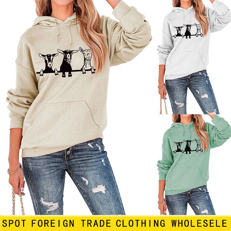 Amazon independent station wish European and American fashion sheep printing loose autumn and winter long sleeve large size hooded women's wholesale