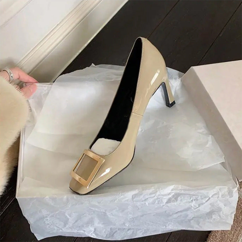 RV Metal Square Buckle Square Head High Heels Women's Patent Leather Commuter Stiletto Shoes Bridesmaid Shoes Wedding Shoes Shallow Women's Shoes
