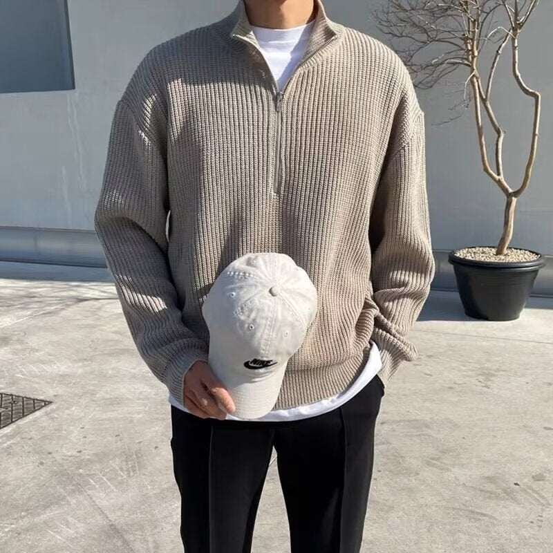 Autumn and Winter Casual Loose-Fitting Regular Half-Turtleneck Zipper Knitwear Men's American-Style Long-Sleeved Knitwear Solid Color Knitwear