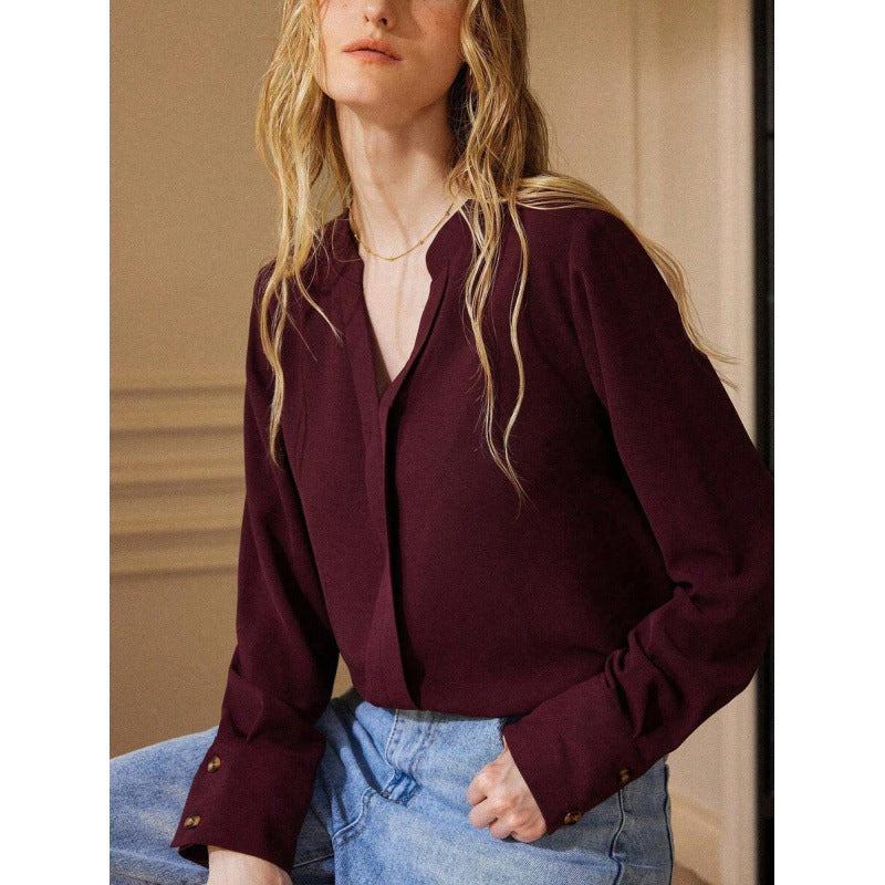 Foreign Trade New Cross-Border Blouses Pure Color Slit Button Cuff Shirt Long-Sleeved Top