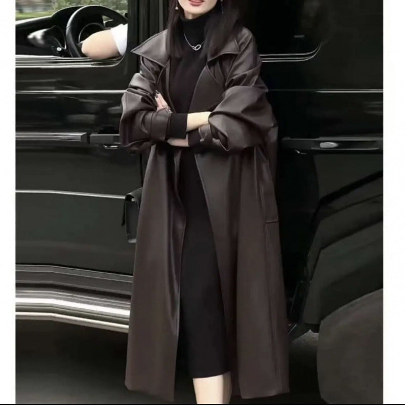 Down jacket leather clothing fashion temperament long knee leather clothing 24 coat new loose windbreaker autumn and winter explosions