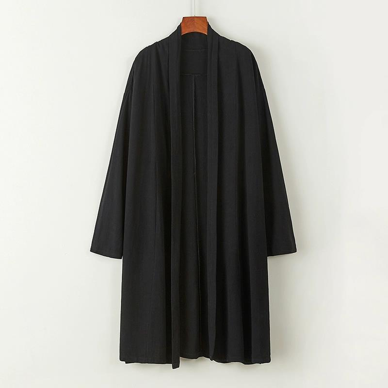 2025 New Autum Chinese Style Men's Stand-Up Collar Mid-Length Buttonless Windbreaker Linen Robe Cloak Jacket