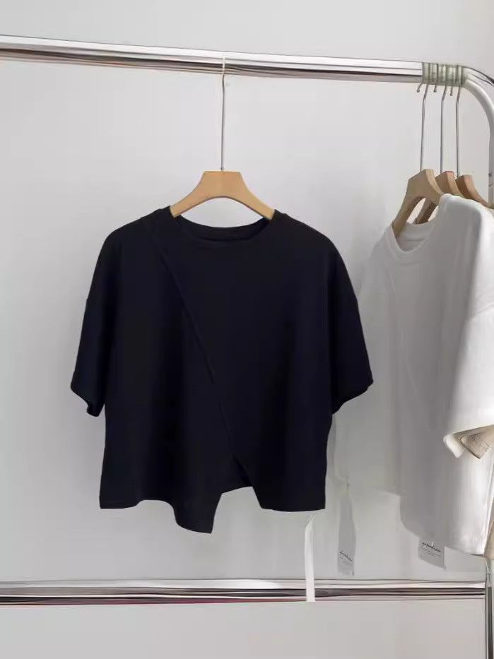 European-Style Regular Shoulder Short-Sleeve T-Shirt for Women, 2026 Summer New Plus-Size Slimming Top for Curvy Women, Tummy-Concealing with Irregular Slit Design