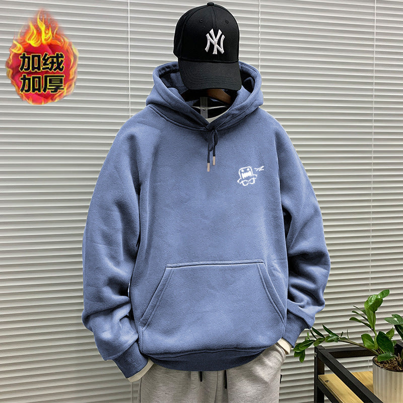 440g winter Yu wenle tide brand men's sweater men's hooded coat simple coat loose fleece-lined hoodie