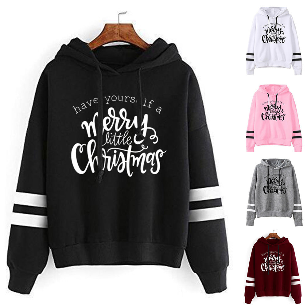Have Yourself A Merry Happy Printed Parallel Bars Hooded Sweatshirt Autumn and Winter European and American Men's and Women's Top
