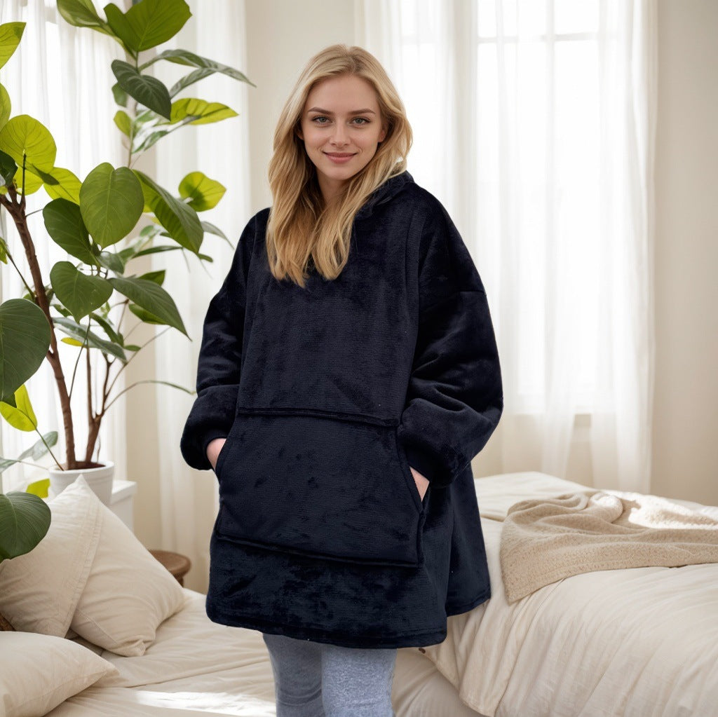 2021 Winter Fleece-Lined Thickened Navy Blue and Dark Gray Zip-Up Lazy Blanket Long-Sleeve Casual Flannel Hoodie