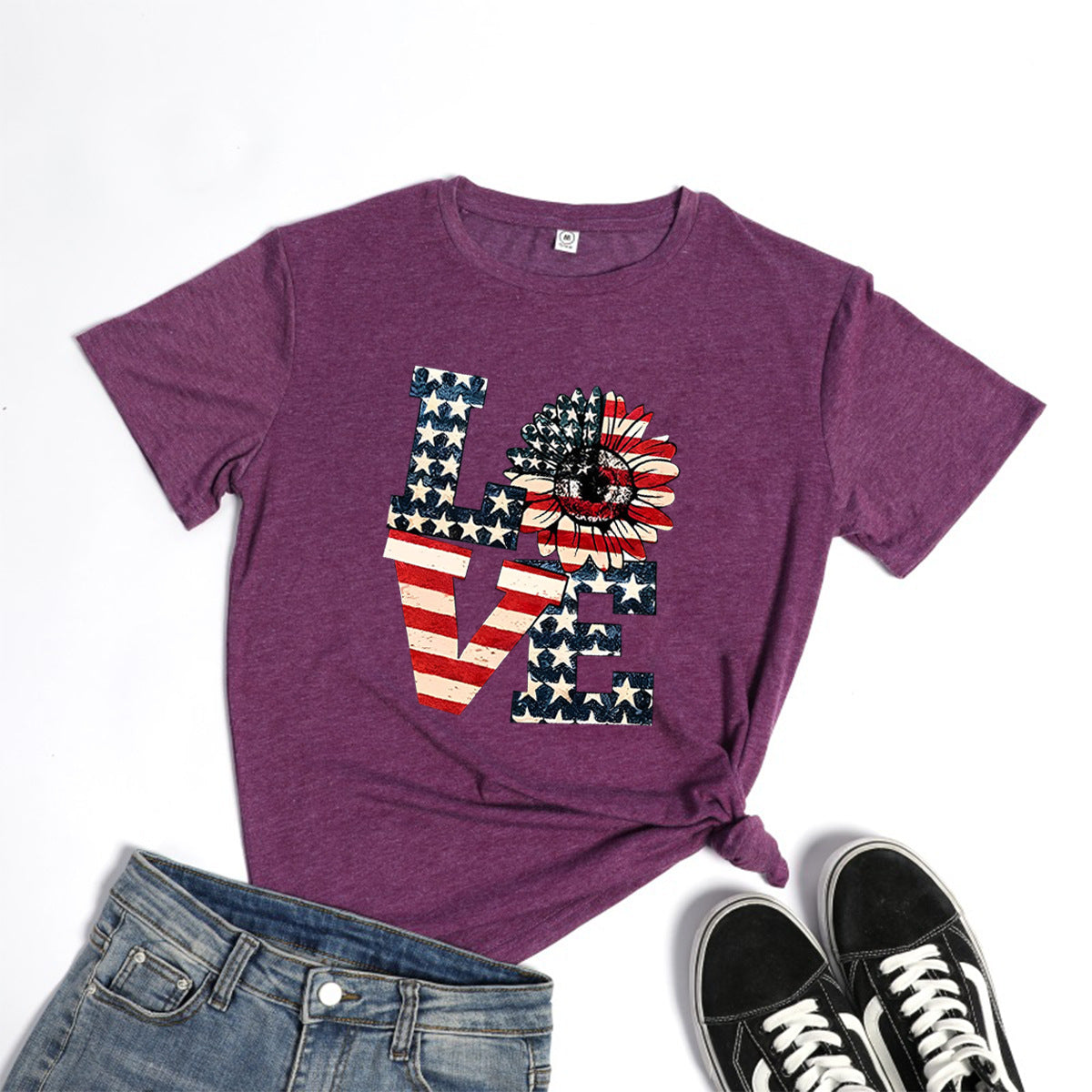 Round Neck American Independence Day T-Shirt Women Love American Flag Printed Top Colored Cotton T-Shirt