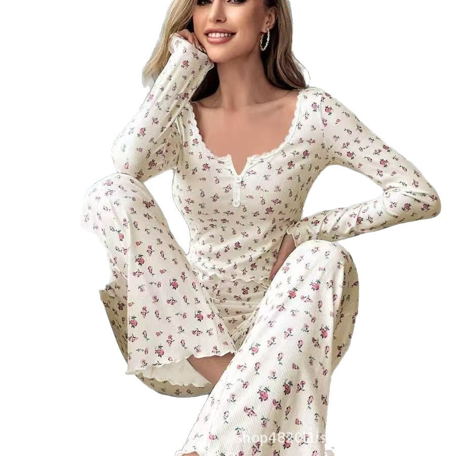 Amazon's Popular European and American Autumn and Winter Long-Sleeved V-Neck Small Floral Printed Pants Fashionable Pajamas Home Wear Suit for Women