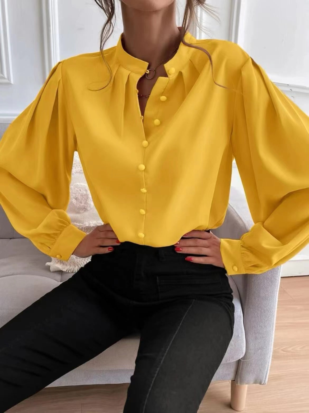 Women's Shirts 2024 Spring Amazon Foreign Trade New Elegant Solid Color Lapel Long Sleeve Single Row Button Loose Tops for Women
