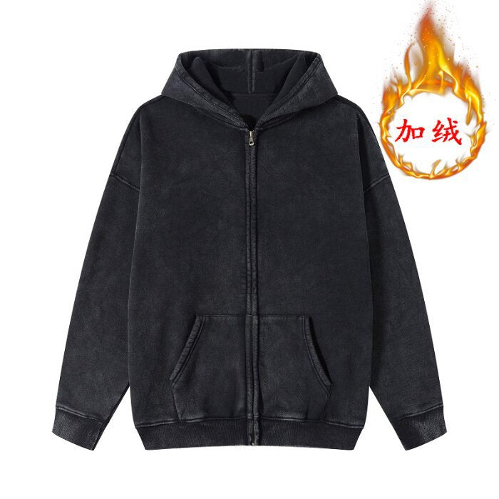 Cross-border American-style Heavy High Street Washed Old Cardigan Hoodie Sweater Men's and Women's Loose Retro Hoodie Coat Autumn