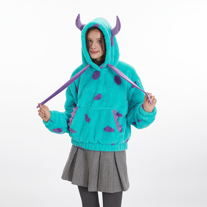 Heyhenry2025 Autumn and Winter European and American Fun Funny Cute Dinosaur Monster Polar Fleece Warm Sweatshirt for Women
