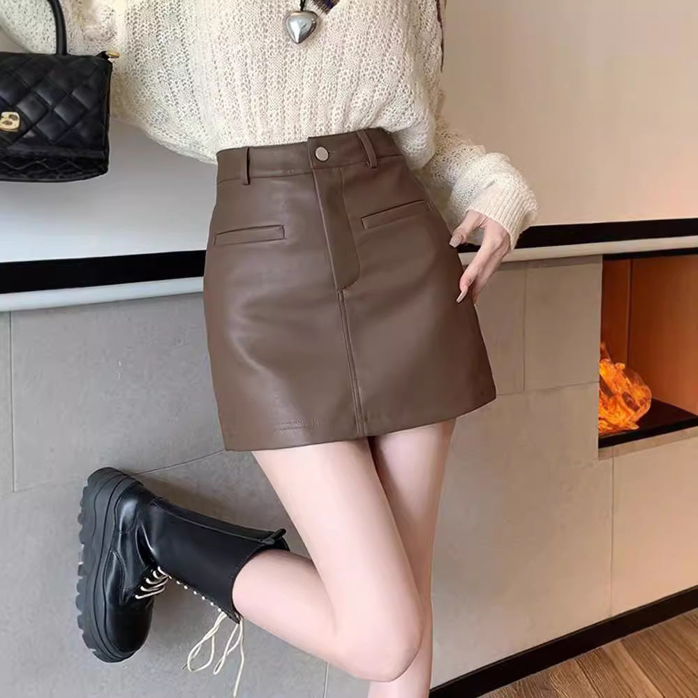 Brown Leather Skirt Hip-Covering Skirt for Women 2025 Autumn and Winter New High-Waisted Large Size Pu Leather Small A-Line Skirt
