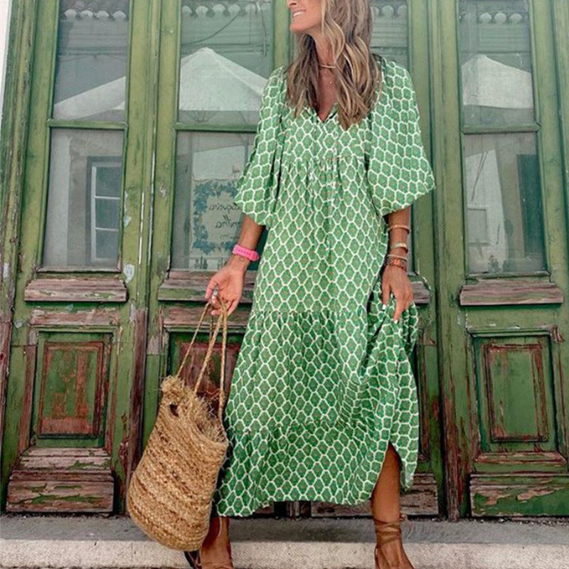 European and American Plus-Size Women's Loose-Fitting Bohemian Round-Neck Lantern-Sleeve Sweet Girl Dress Wholesale from Source Factory
