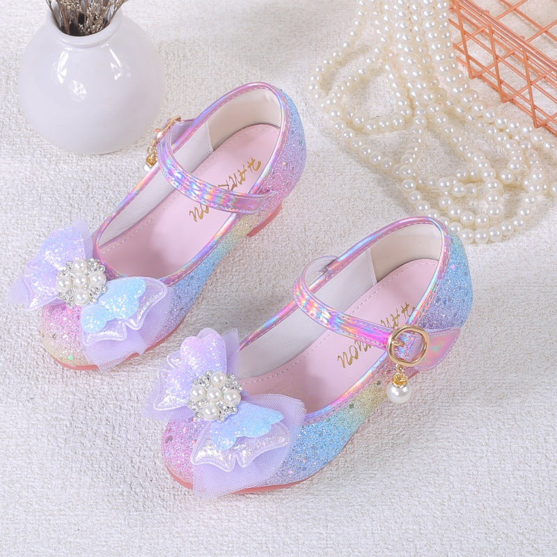 2025 New Lace Bow Girls' Shoes Children's High Heel Princess Shoes Fashion Korean Style Sequined Rainbow Color Shoes