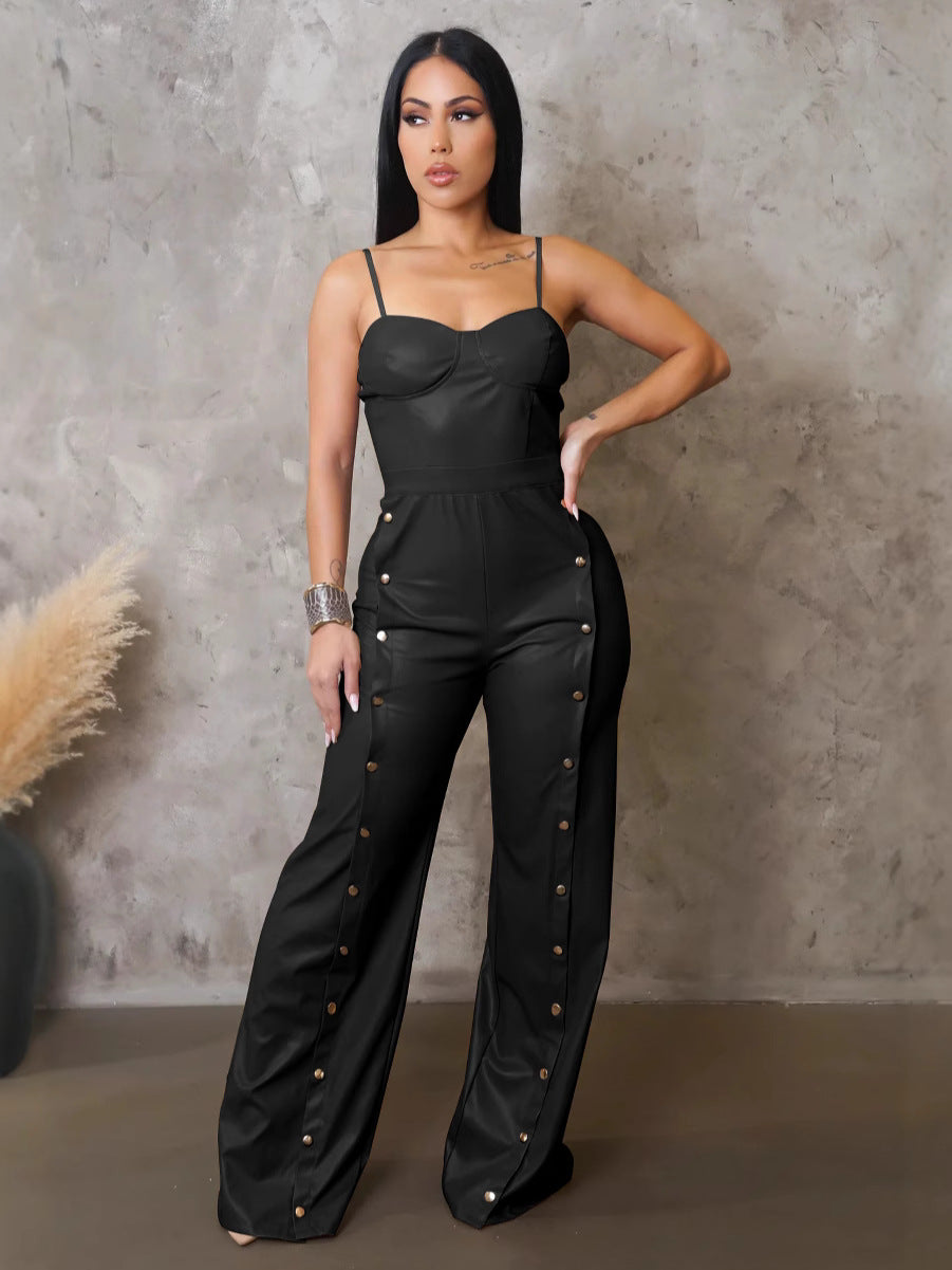 Aj4479 Cross-Border Supply European and American Clothing Pu Leather Suspender Sleeveless Wide-Leg Jumpsuit