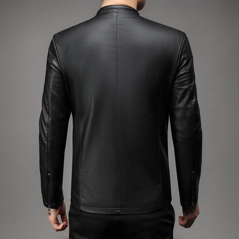 Men's Leather Jacket Men's 2025 Autum New Middle-Aged Fashion Business Stand Collar Fleece-Lined Casual Men's Leather Jacket Jacket